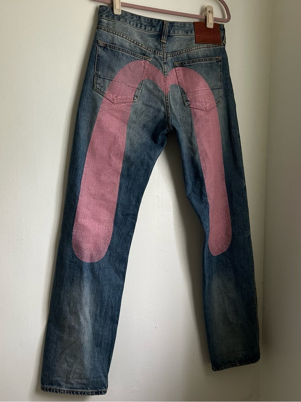 Men's Blue Evisu Denin Jeans with Pink Seagull
